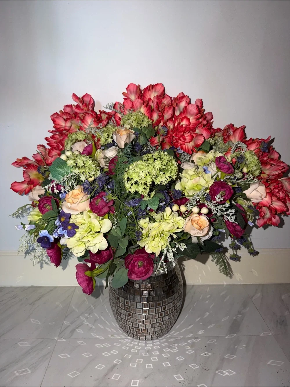 Large Faux Floral Arrangement in Mosaic Vase 29.5” x 31.5”